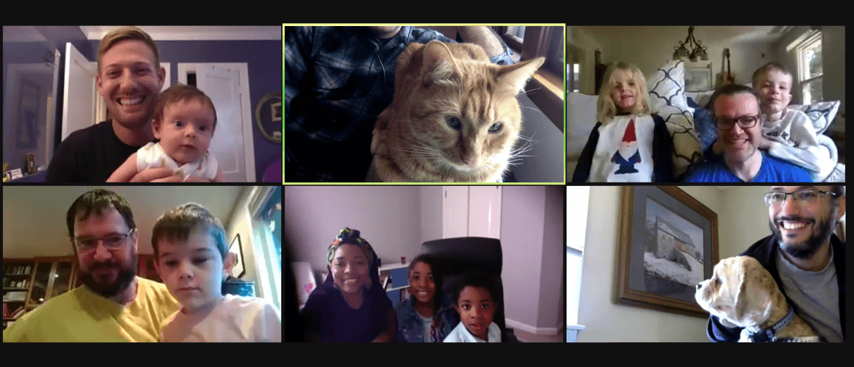 Several CivicActions team members on a video call with their kids and pets